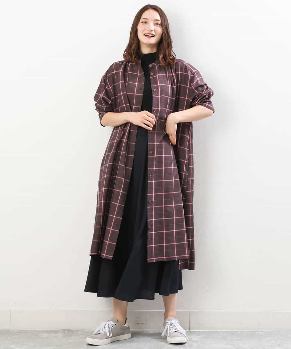 FKEJS20190 MK MICHEL KLEIN(MK ミッシェルクラン) 先染めチェック柄ロングシャツワンピース/洗える ネイビー