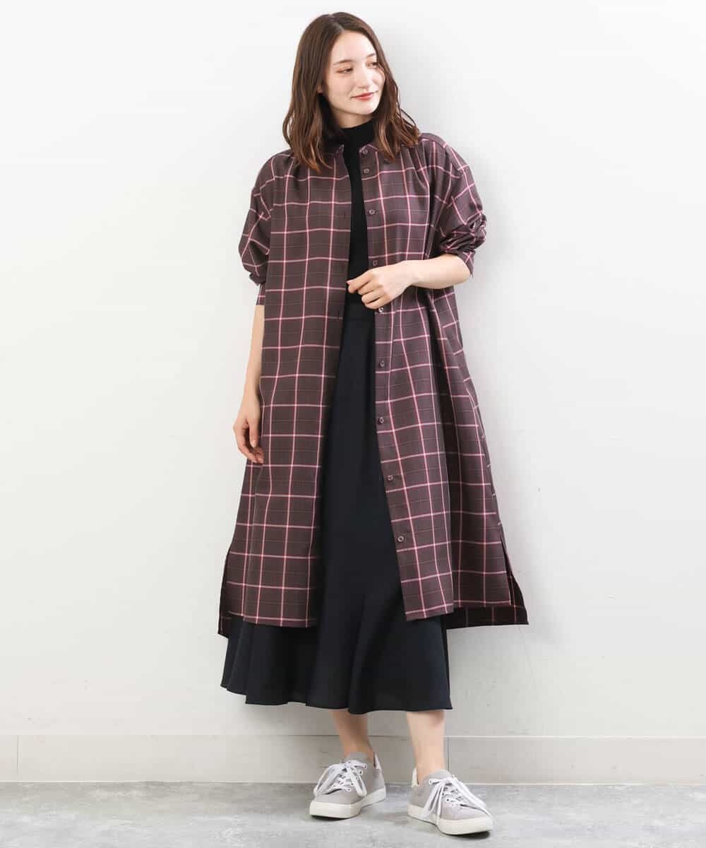 FKEJS20190 MK MICHEL KLEIN(MK ミッシェルクラン) 先染めチェック柄ロングシャツワンピース/洗える ネイビー
