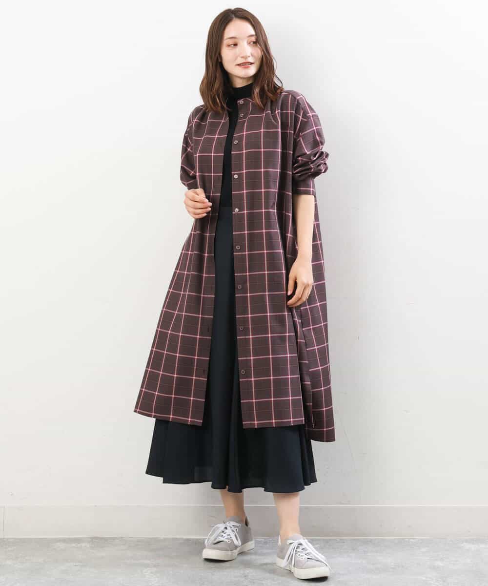 FKEJS20190 MK MICHEL KLEIN(MK ミッシェルクラン) 先染めチェック柄ロングシャツワンピース/洗える ネイビー