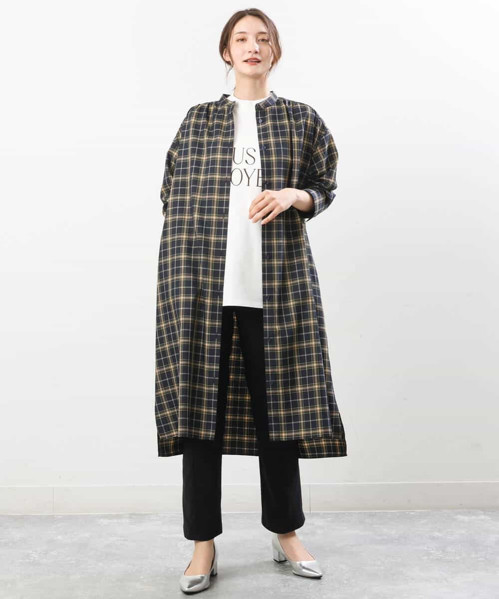 FKEJS20190 MK MICHEL KLEIN(MK ミッシェルクラン) 先染めチェック柄ロングシャツワンピース/洗える ネイビー