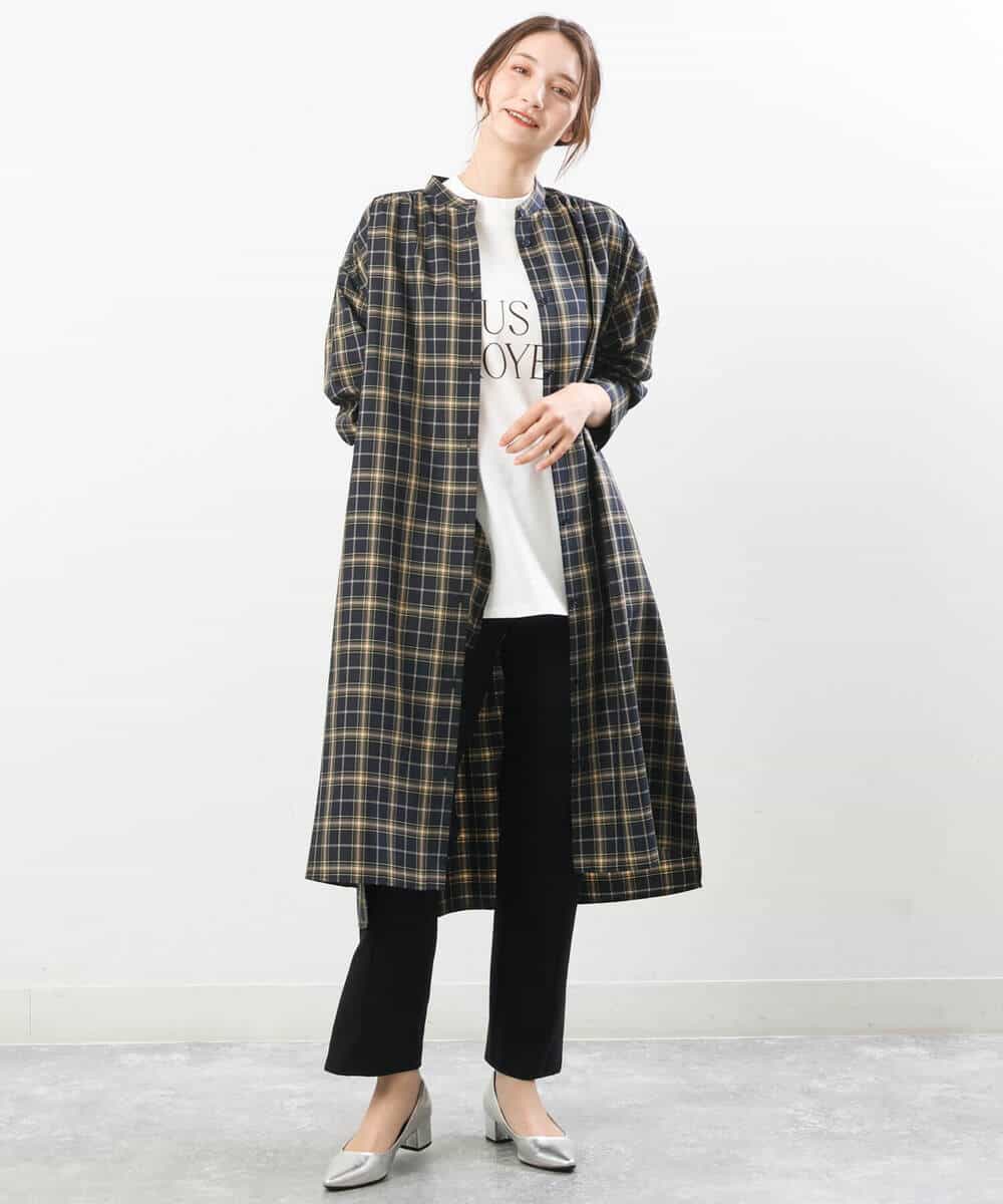 FKEJS20190 MK MICHEL KLEIN(MK ミッシェルクラン) 先染めチェック柄ロングシャツワンピース/洗える ネイビー
