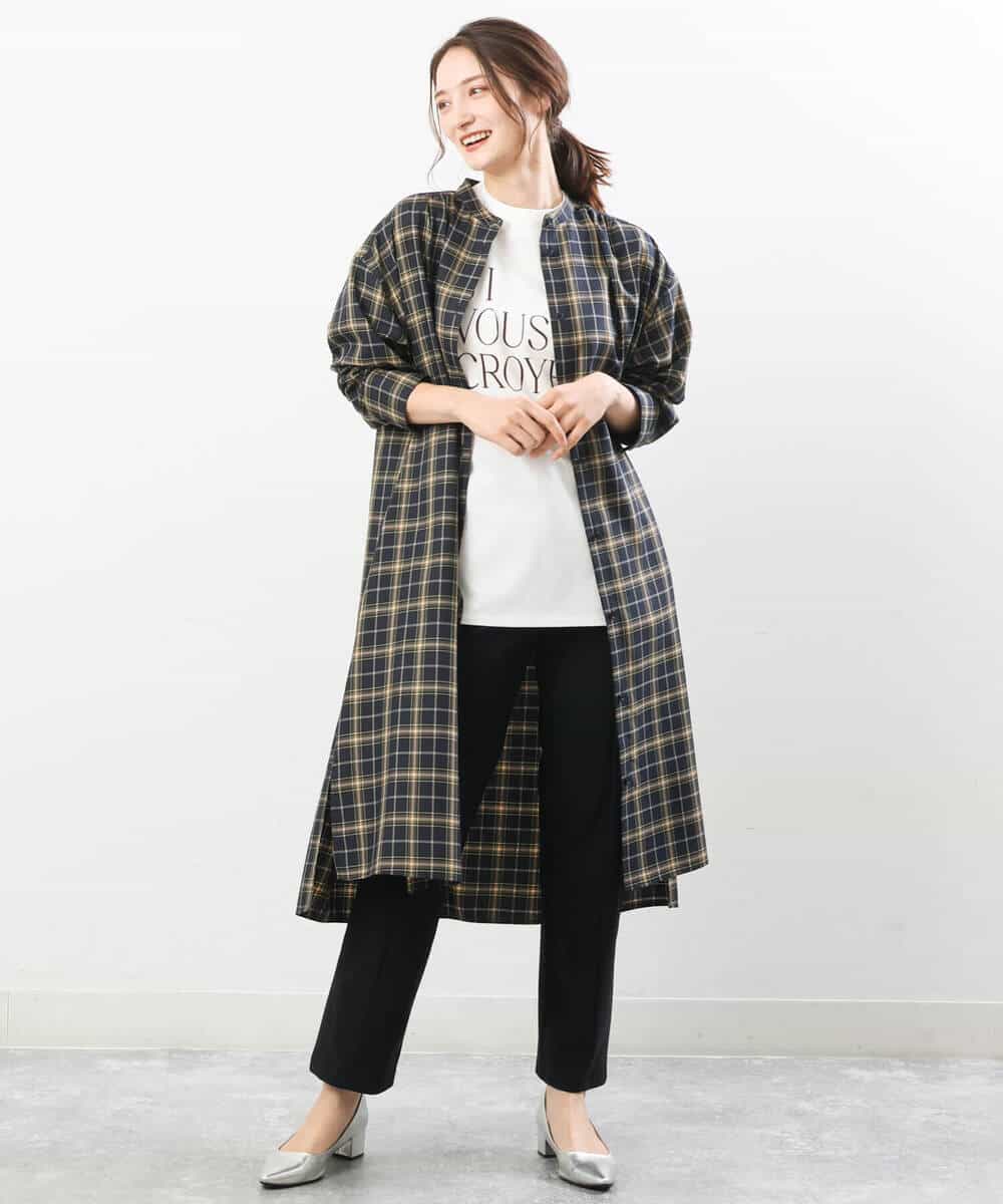 FKEJS20190 MK MICHEL KLEIN(MK ミッシェルクラン) 先染めチェック柄ロングシャツワンピース/洗える ネイビー