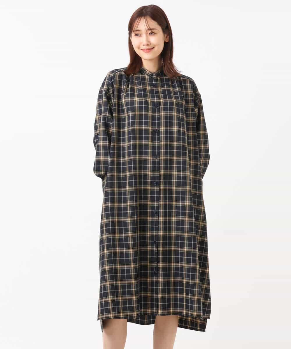 FKEJS20190 MK MICHEL KLEIN(MK ミッシェルクラン) 先染めチェック柄ロングシャツワンピース/洗える ネイビー