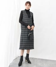 FKEJS36210 MK MICHEL KLEIN(MK ミッシェルクラン) チェック柄ツイードVネックジャンスカ/洗える ブラック