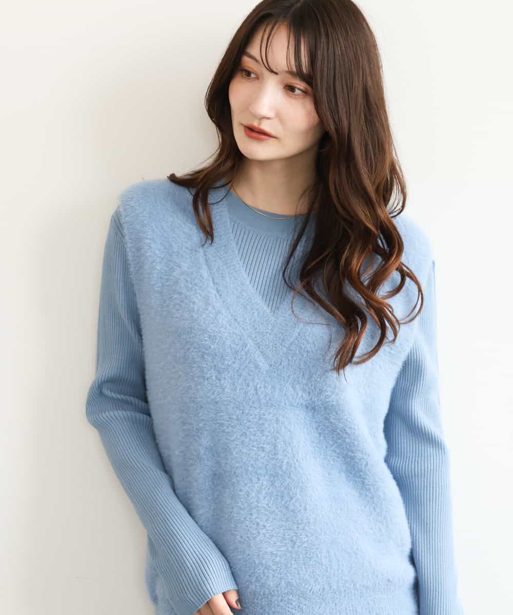 FKFAG41180 MK MICHEL KLEIN(MK ミッシェルクラン) [洗える]シャギーベスト×ハイゲージリブニット アンサンブル ライトブルー