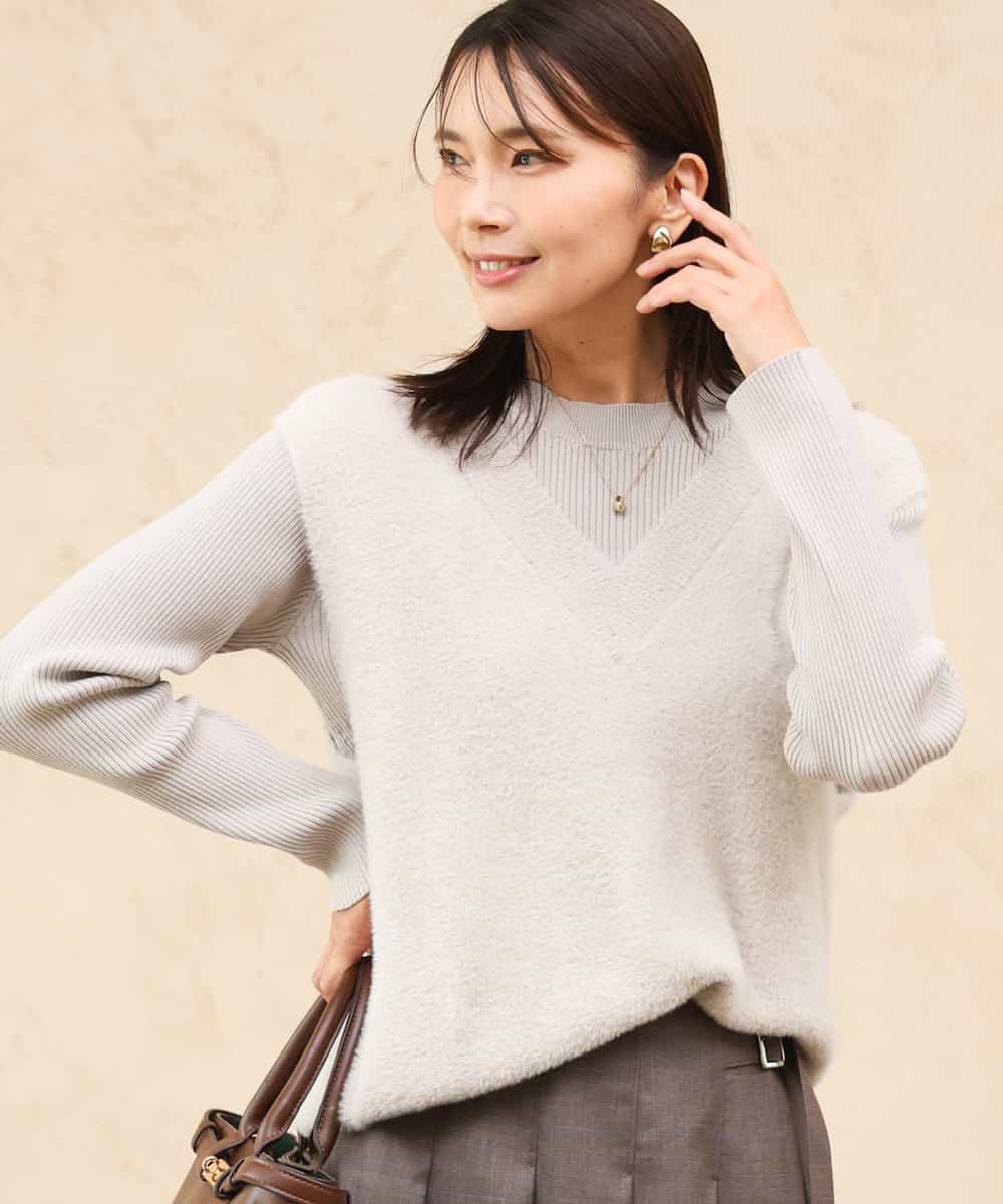 FKFAG41180 MK MICHEL KLEIN(MK ミッシェルクラン) [洗える]シャギーベスト×ハイゲージリブニット アンサンブル グレージュ