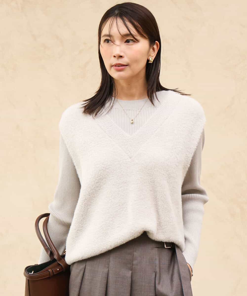 FKFAG41180 MK MICHEL KLEIN(MK ミッシェルクラン) [洗える]シャギーベスト×ハイゲージリブニット アンサンブル グレージュ