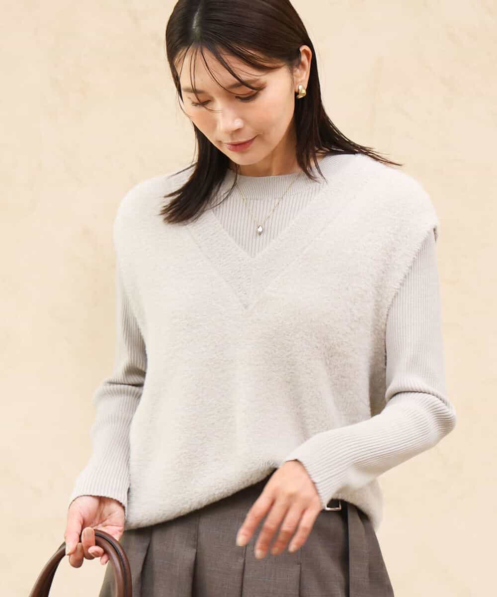 FKFAG41180 MK MICHEL KLEIN(MK ミッシェルクラン) [洗える]シャギーベスト×ハイゲージリブニット アンサンブル グレージュ