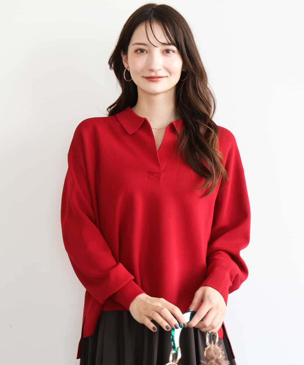 FKFAG42160 MK MICHEL KLEIN(MK ミッシェルクラン) [洗える]衿付きラガーニット レッド