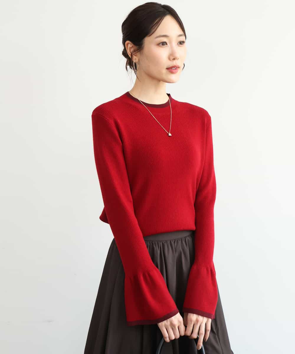 FKFAG43140 MK MICHEL KLEIN(MK ミッシェルクラン) [洗える]配色ラメライン入りフレアースリーブニット レッド（無地）
