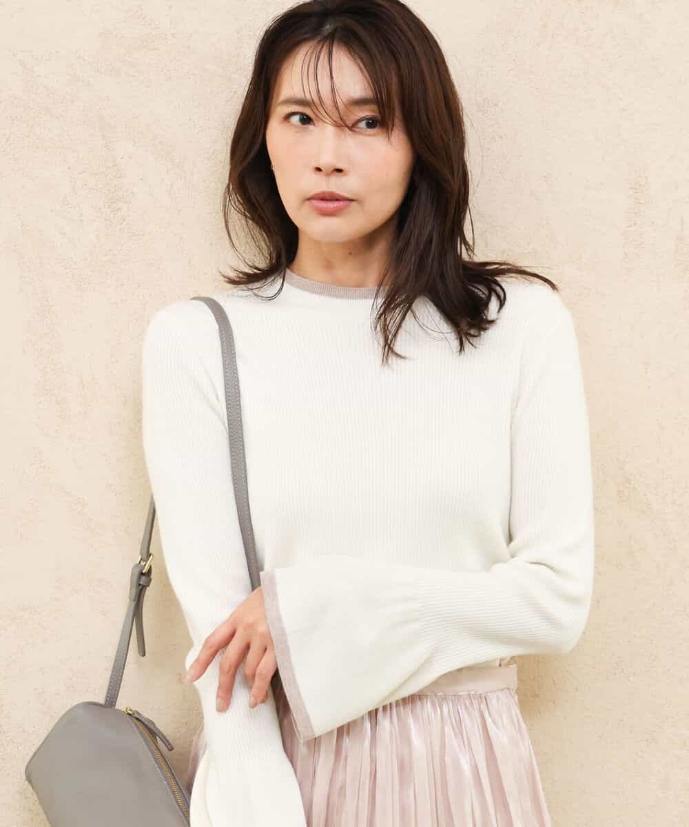 FKFAG43140 MK MICHEL KLEIN(MK ミッシェルクラン) [洗える]配色ラメライン入りフレアースリーブニット ホワイト（ボーダー柄）
