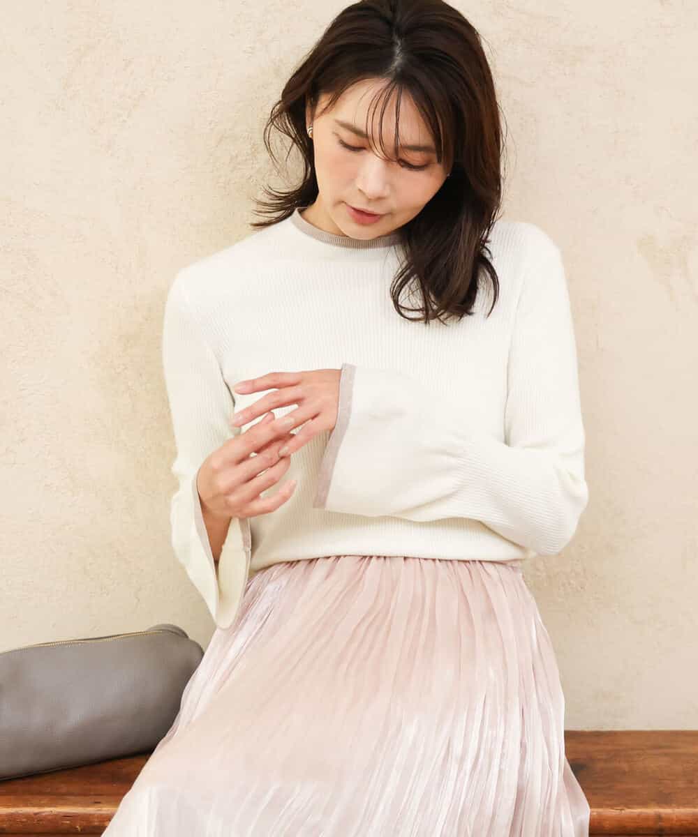 FKFAG43140 MK MICHEL KLEIN(MK ミッシェルクラン) [洗える]配色ラメライン入りフレアースリーブニット ホワイト（ボーダー柄）