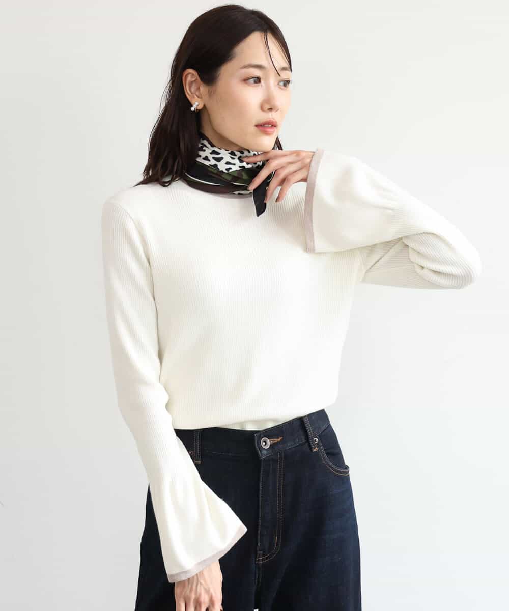 FKFAG43140 MK MICHEL KLEIN(MK ミッシェルクラン) [洗える]配色ラメライン入りフレアースリーブニット ホワイト（ボーダー柄）