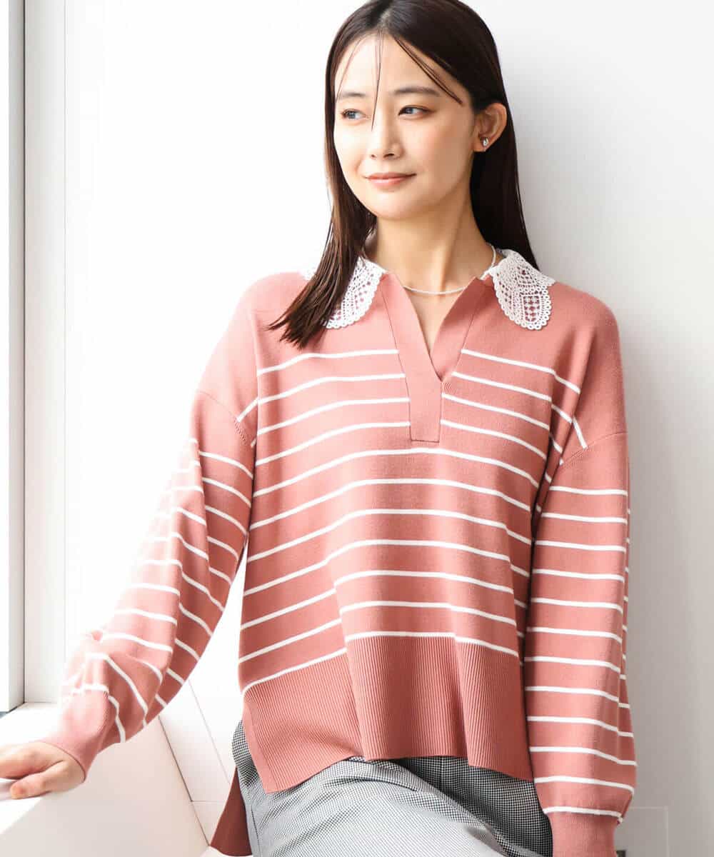 FKFAG57170 MK MICHEL KLEIN(MK ミッシェルクラン) [洗える]レース衿付きボーダーニット ネイビー