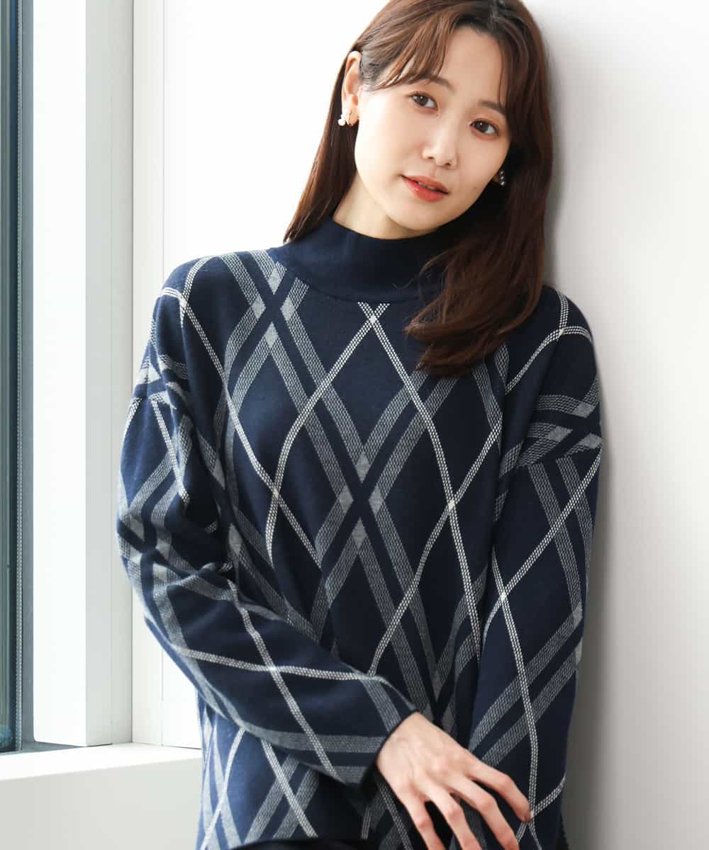 FKFAG58160 MK MICHEL KLEIN(MK ミッシェルクラン) [洗える]バイアスチェック柄ニットプルオーバー ネイビー