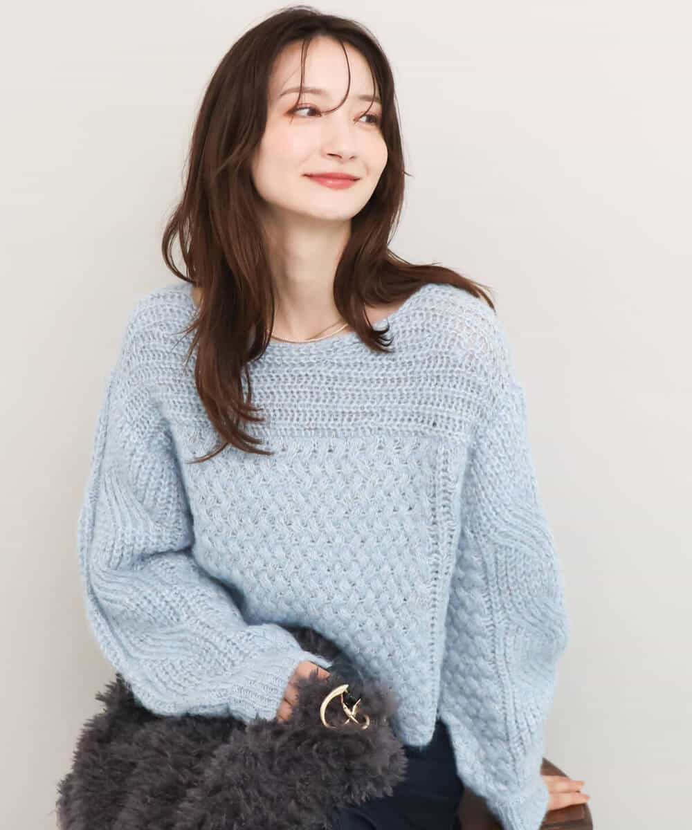 FKFAG66190 MK MICHEL KLEIN(MK ミッシェルクラン) [洗える]ケーブル柄編みラメニット ライトブルー