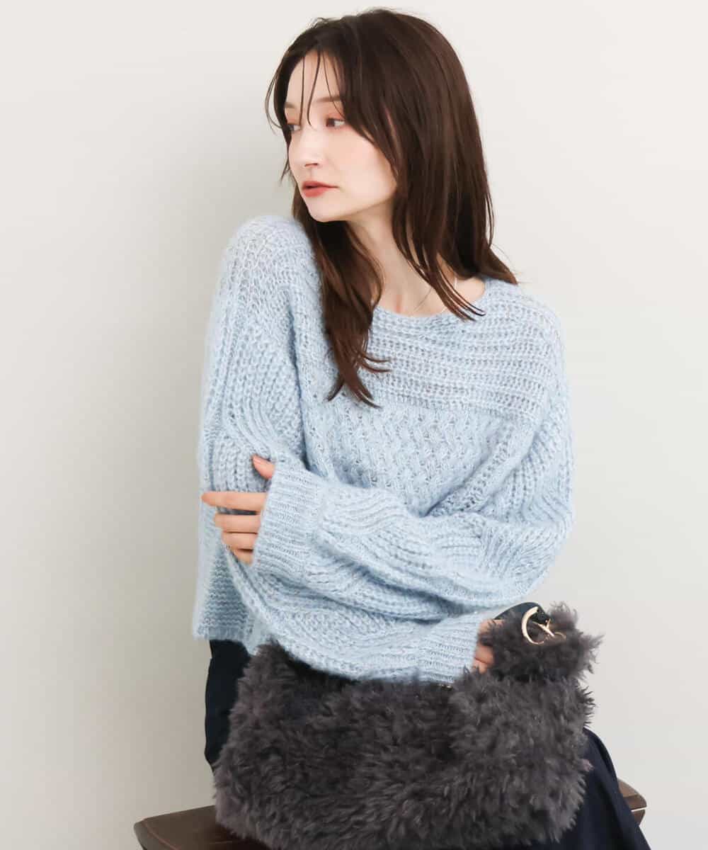 FKFAG66190 MK MICHEL KLEIN(MK ミッシェルクラン) [洗える]ケーブル柄編みラメニット ライトブルー