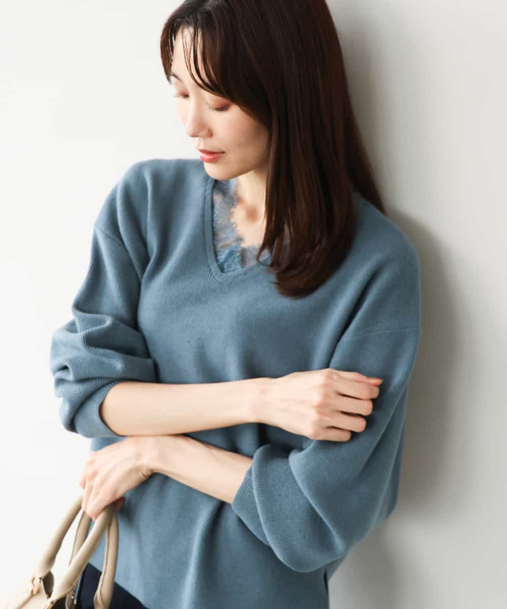 FKFAH51160 MK MICHEL KLEIN(MK ミッシェルクラン) [洗える]レースデザインVネックニット ティールグリーン
