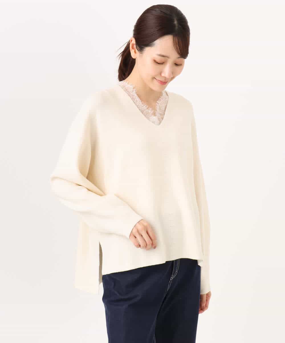FKFAH51160 MK MICHEL KLEIN(MK ミッシェルクラン) [洗える]レースデザインVネックニット アイボリー