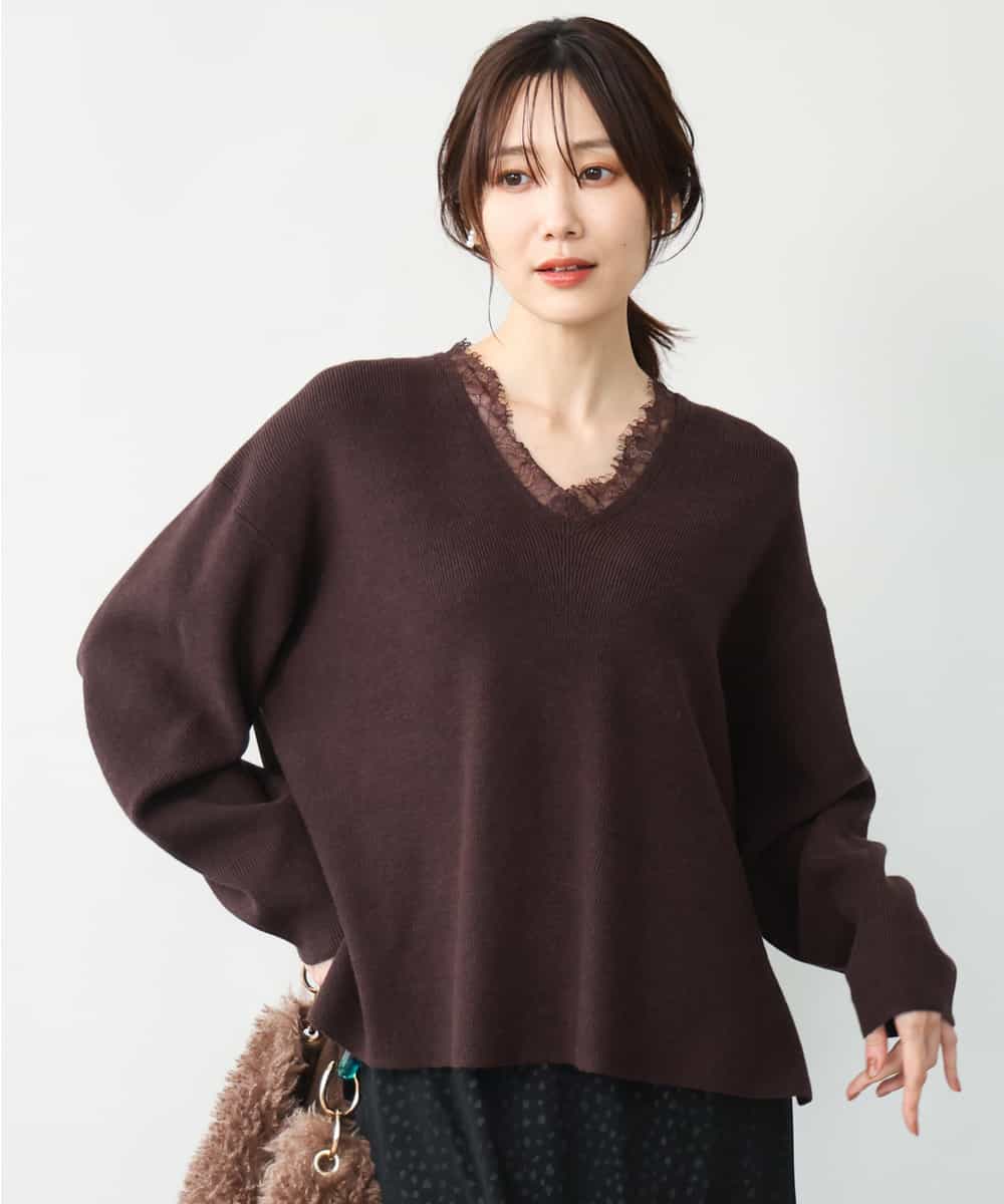 FKFAH51160 MK MICHEL KLEIN(MK ミッシェルクラン) [洗える]レースデザインVネックニット ブラウン