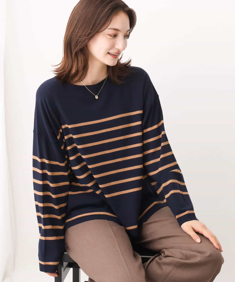 FKFAV52130 MK MICHEL KLEIN(MK ミッシェルクラン) カラーボーダー柄ニット/洗える グリーン