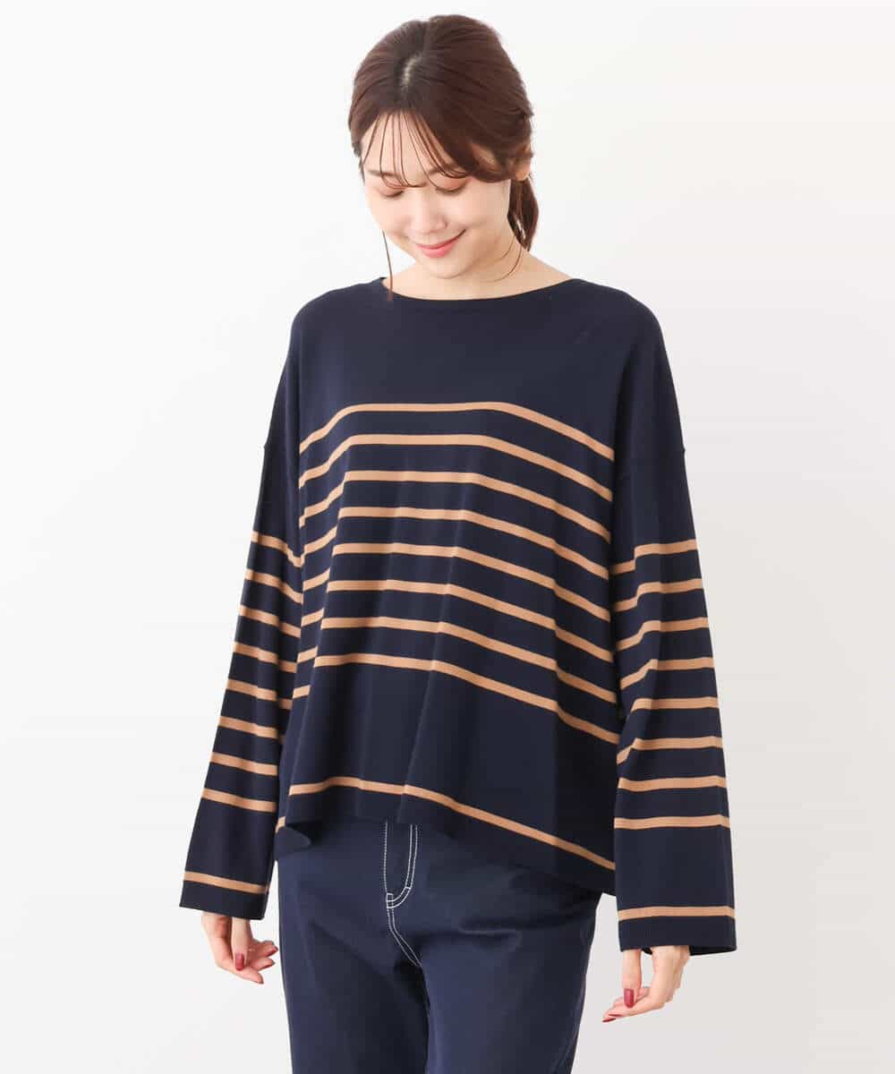 FKFAV52130 MK MICHEL KLEIN(MK ミッシェルクラン) カラーボーダー柄ニット/洗える グリーン