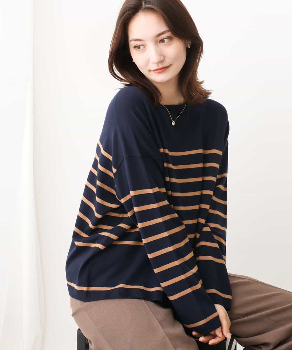 FKFAV52130 MK MICHEL KLEIN(MK ミッシェルクラン) カラーボーダー柄ニット/洗える ネイビー