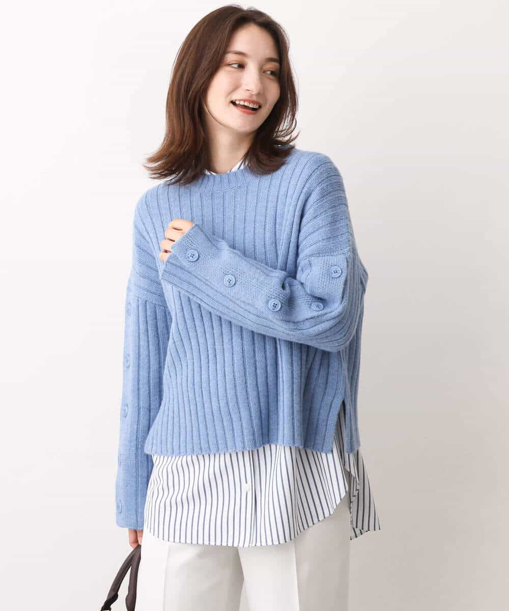 FKFAV53140 MK MICHEL KLEIN(MK ミッシェルクラン) ボタンスリーブショート丈ニット/洗える ブルー