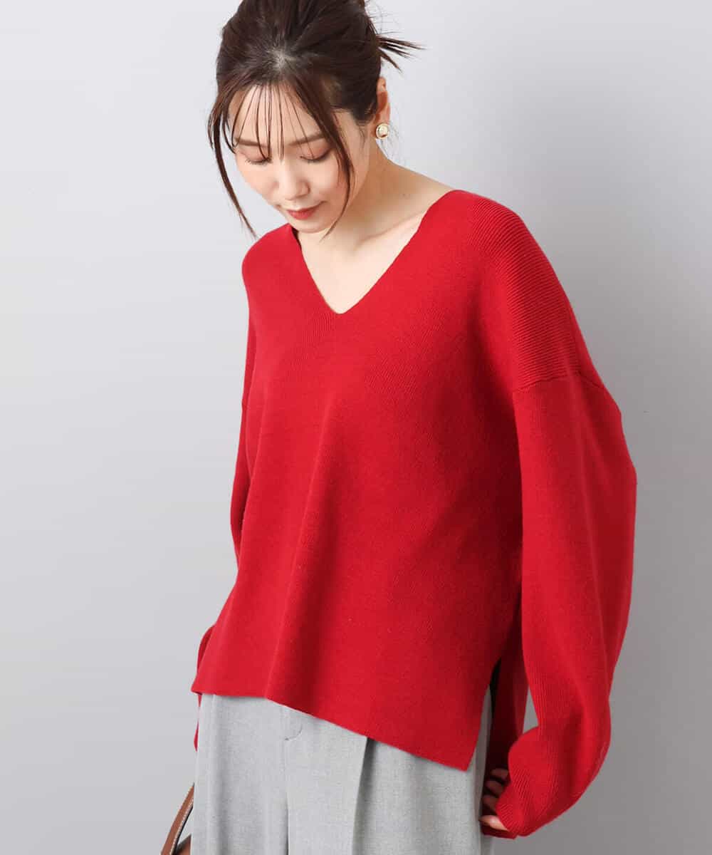 FKFBD55150 MK MICHEL KLEIN(MK ミッシェルクラン) 片畦編みVネックニット/洗える レッド