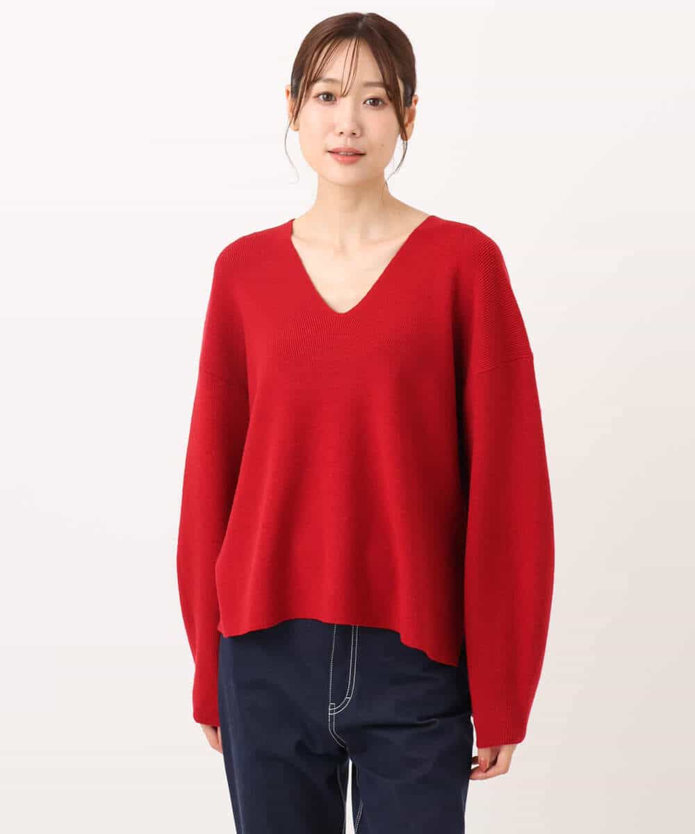 FKFBD55150 MK MICHEL KLEIN(MK ミッシェルクラン) 片畦編みVネックニット/洗える レッド