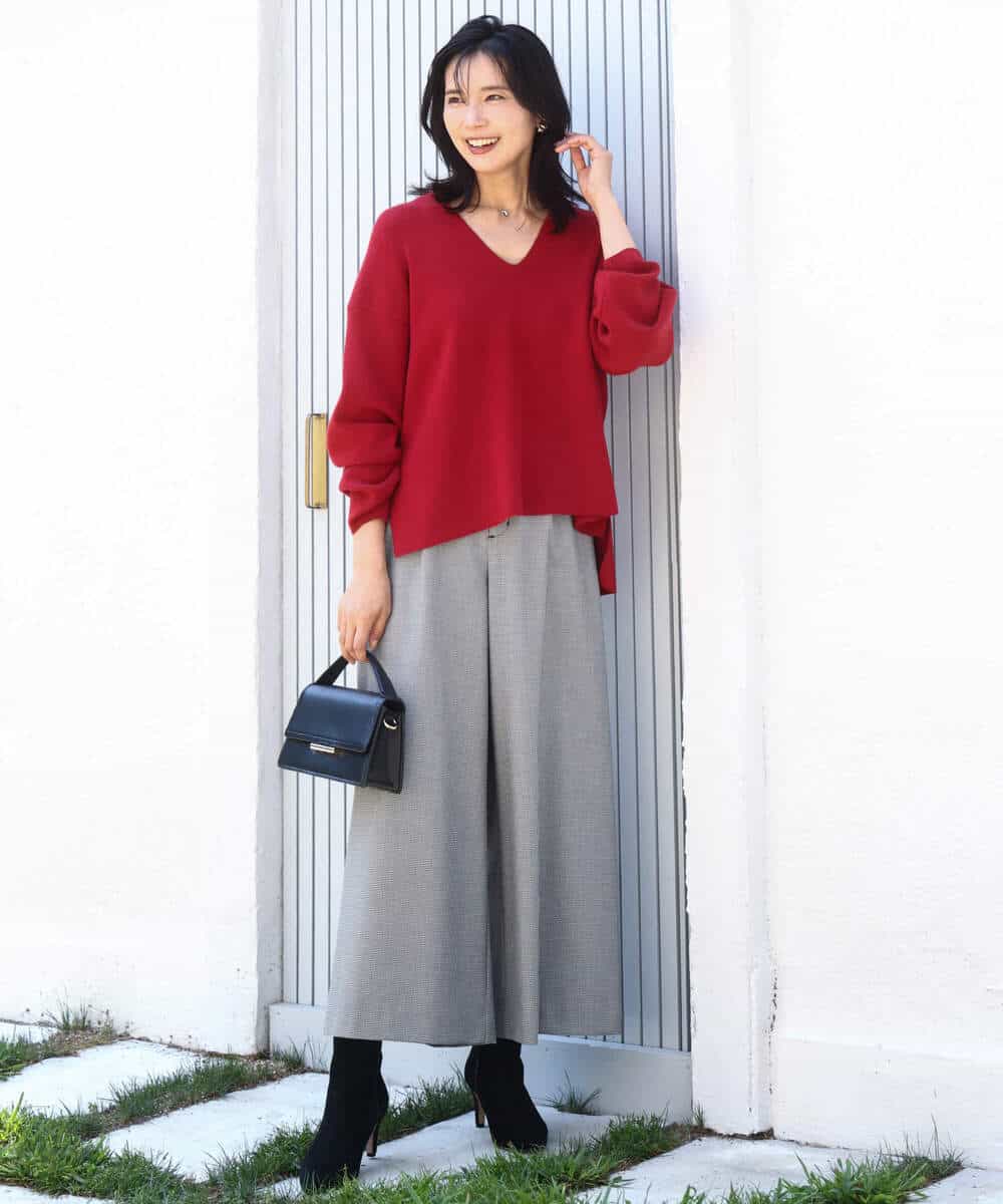 FKFBD55150 MK MICHEL KLEIN(MK ミッシェルクラン) 片畦編みVネックニット/洗える レッド