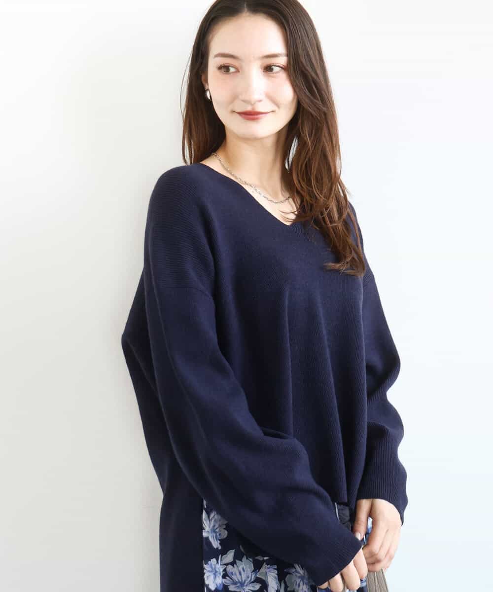 FKFBD55150 MK MICHEL KLEIN(MK ミッシェルクラン) 片畦編みVネックニット/洗える ネイビー