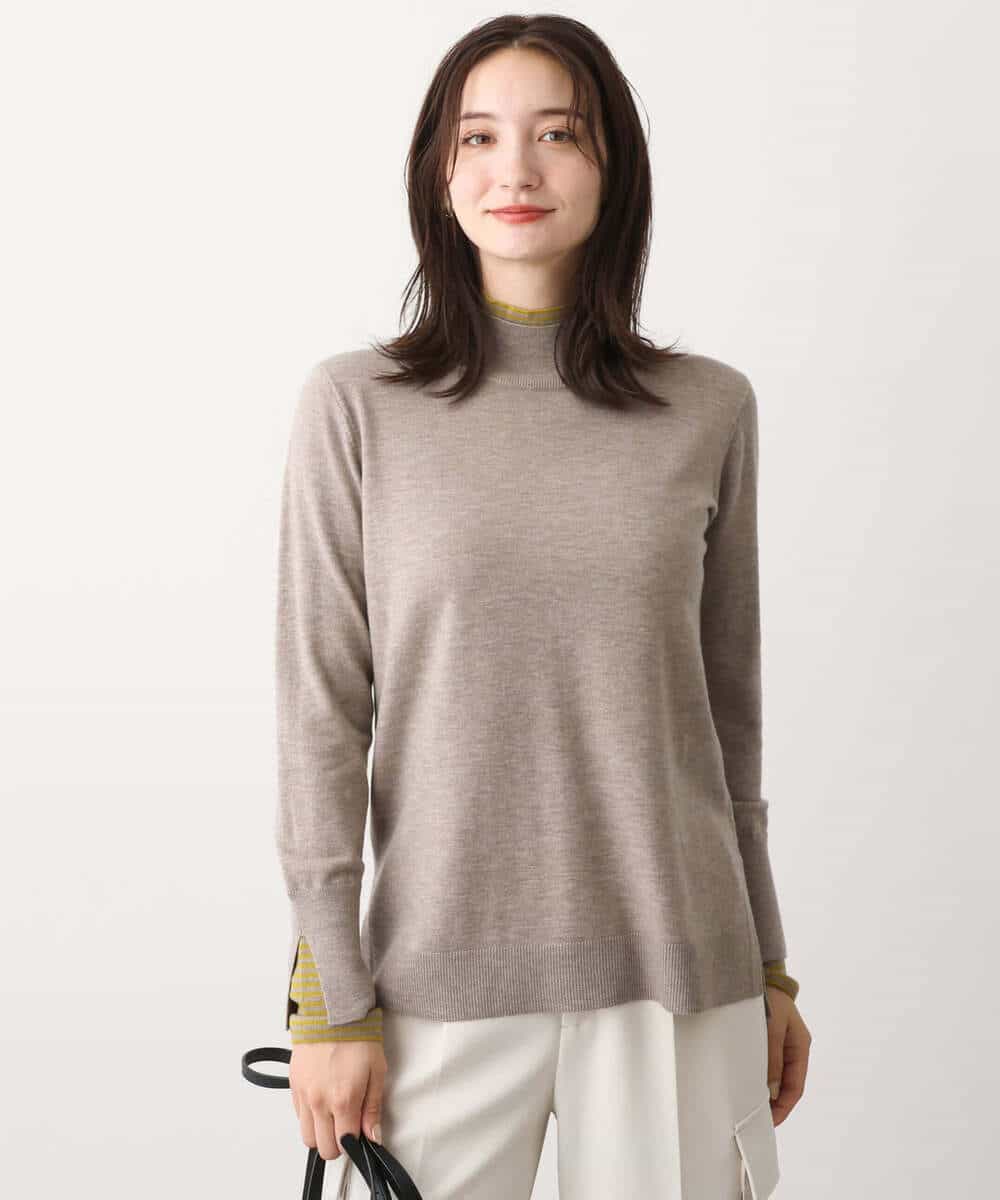 FKFBV01120 MK MICHEL KLEIN(MK ミッシェルクラン) チラ見えボーダーモックネックニット/洗える グレイッシュブルー