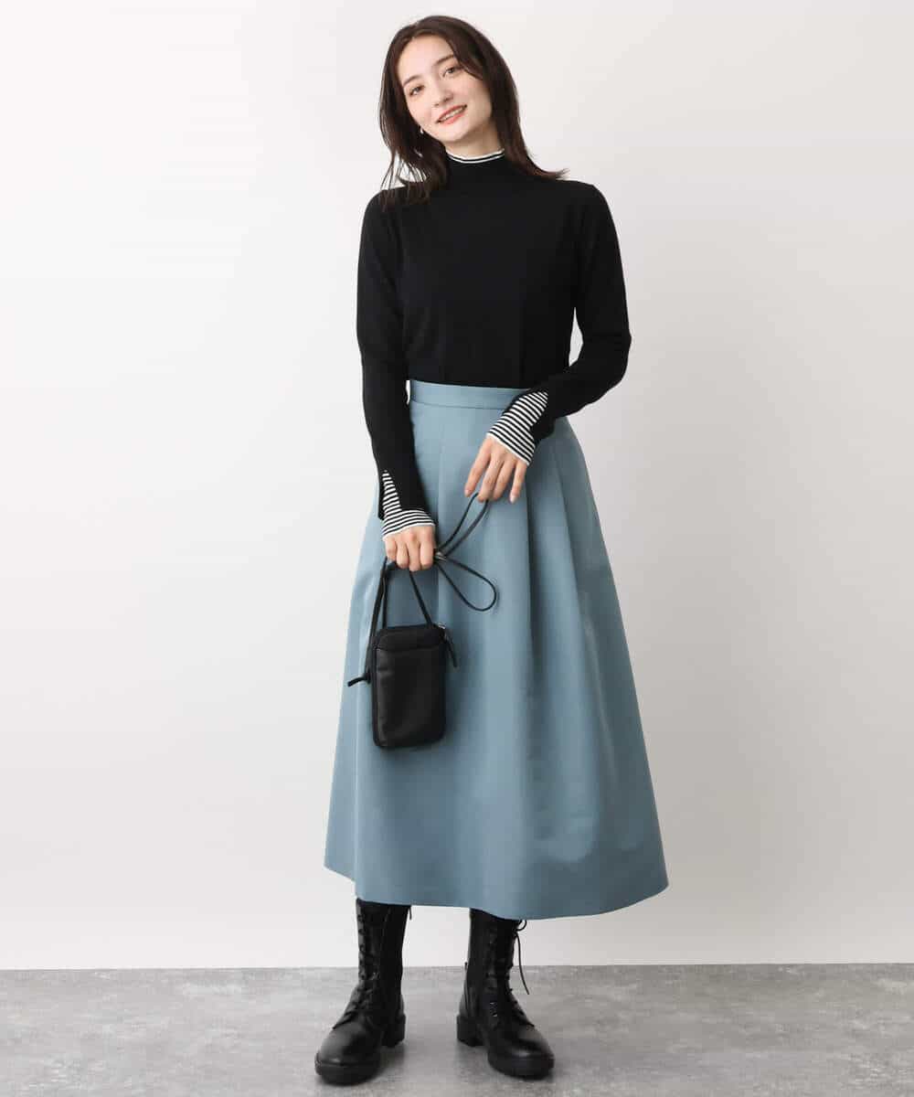 FKFBV01120 MK MICHEL KLEIN(MK ミッシェルクラン) チラ見えボーダーモックネックニット/洗える グレイッシュブルー