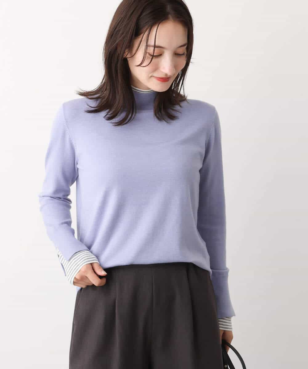 FKFBV01120 MK MICHEL KLEIN(MK ミッシェルクラン) チラ見えボーダーモックネックニット/洗える グレイッシュブルー
