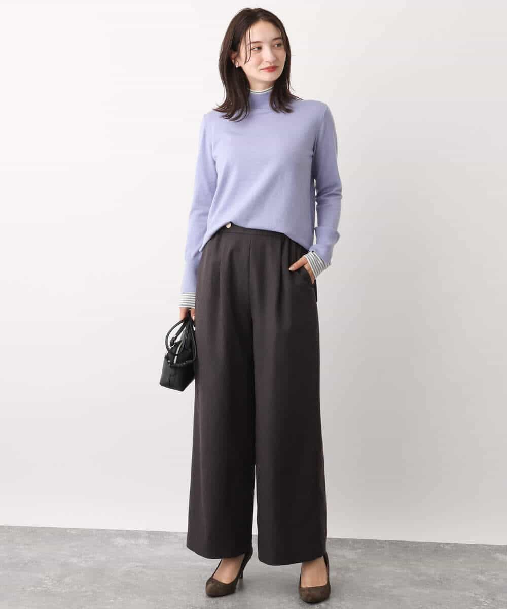 FKFBV01120 MK MICHEL KLEIN(MK ミッシェルクラン) チラ見えボーダーモックネックニット/洗える グレイッシュブルー