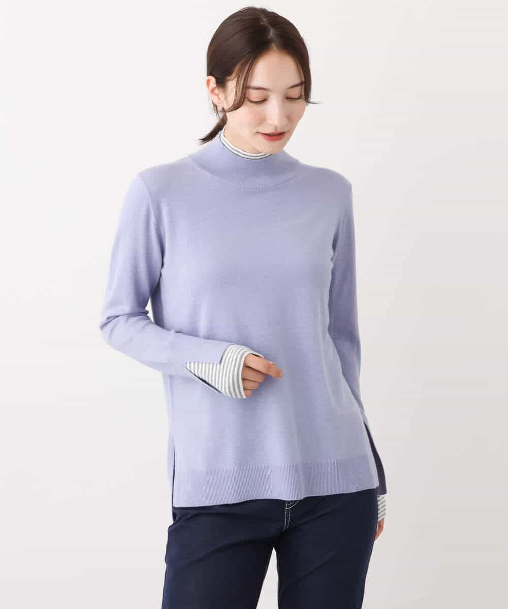 FKFBV01120 MK MICHEL KLEIN(MK ミッシェルクラン) チラ見えボーダーモックネックニット/洗える グレイッシュブルー
