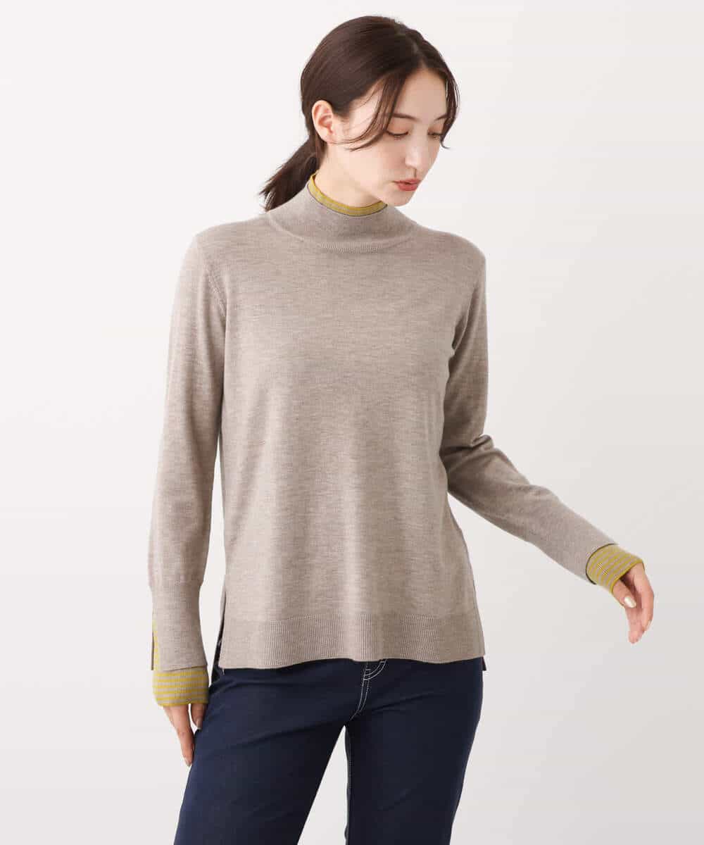 FKFBV01120 MK MICHEL KLEIN(MK ミッシェルクラン) チラ見えボーダーモックネックニット/洗える グレイッシュブルー