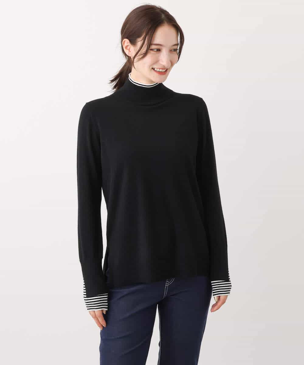 FKFBV01120 MK MICHEL KLEIN(MK ミッシェルクラン) チラ見えボーダーモックネックニット/洗える グレイッシュブルー