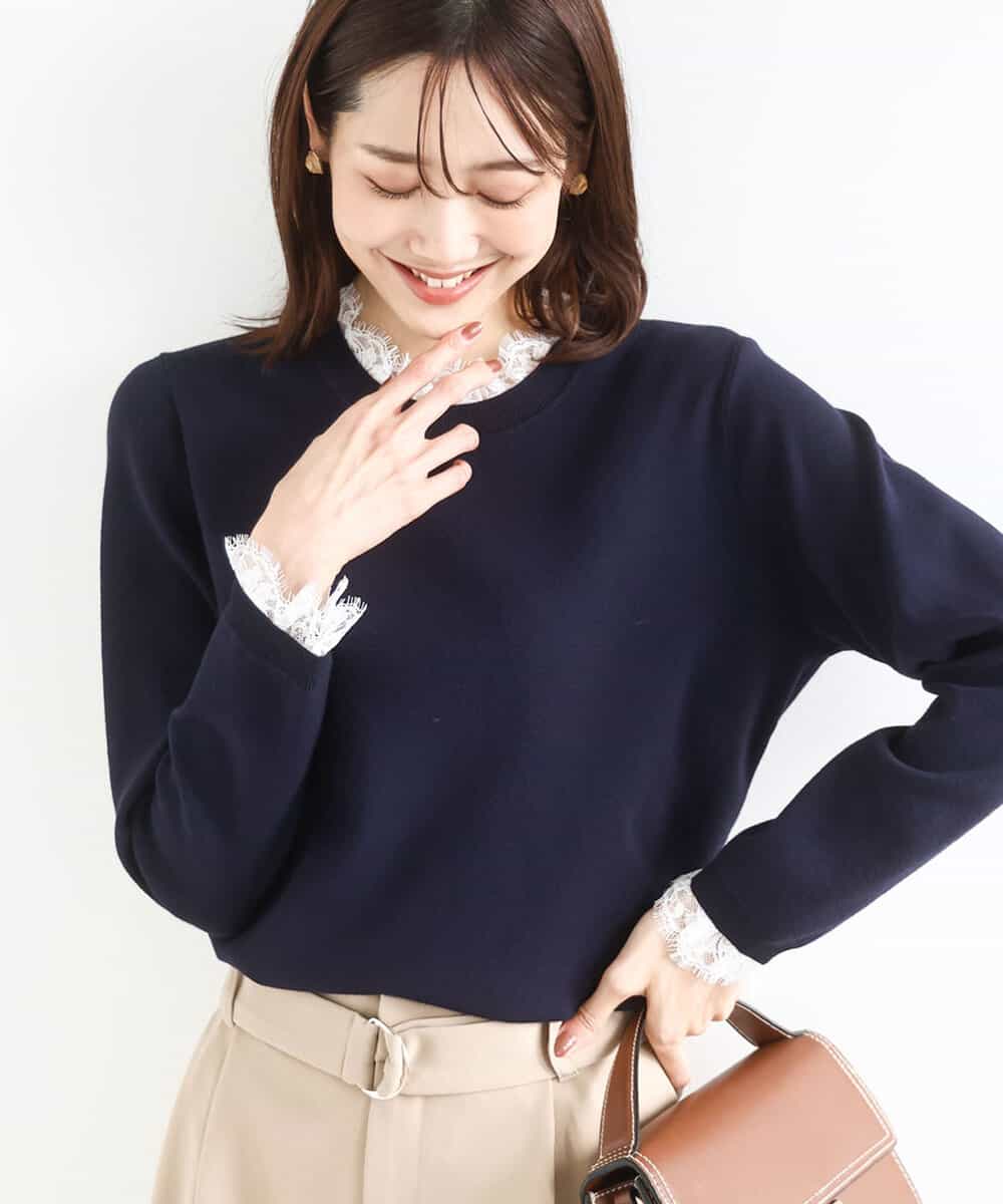 FKFDD11140 MK MICHEL KLEIN(MK ミッシェルクラン) レースデザインコンパクトニット/洗える ネイビー