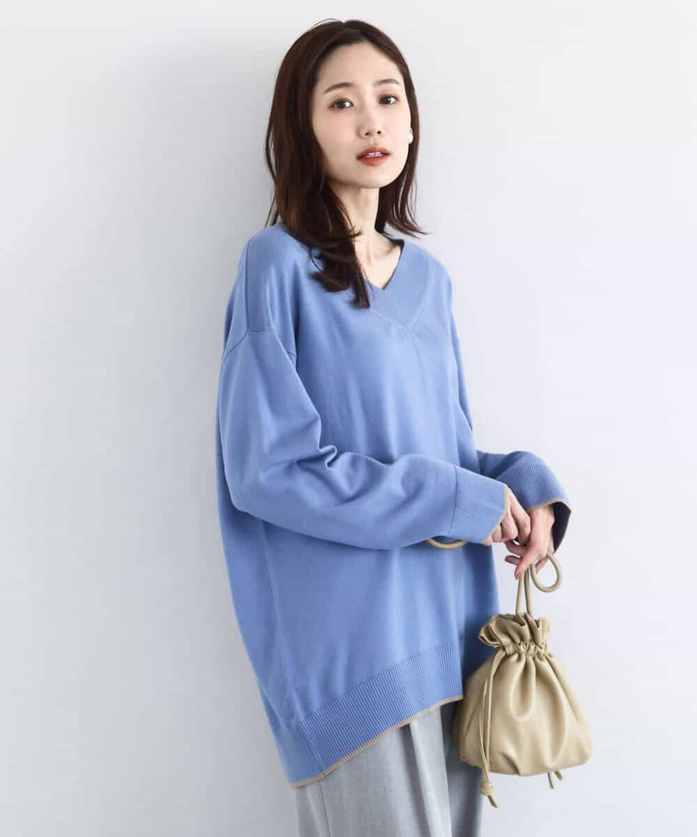 FKFDD60140 MK MICHEL KLEIN(MK ミッシェルクラン) 配色ラインVネックニット/洗える ブルー