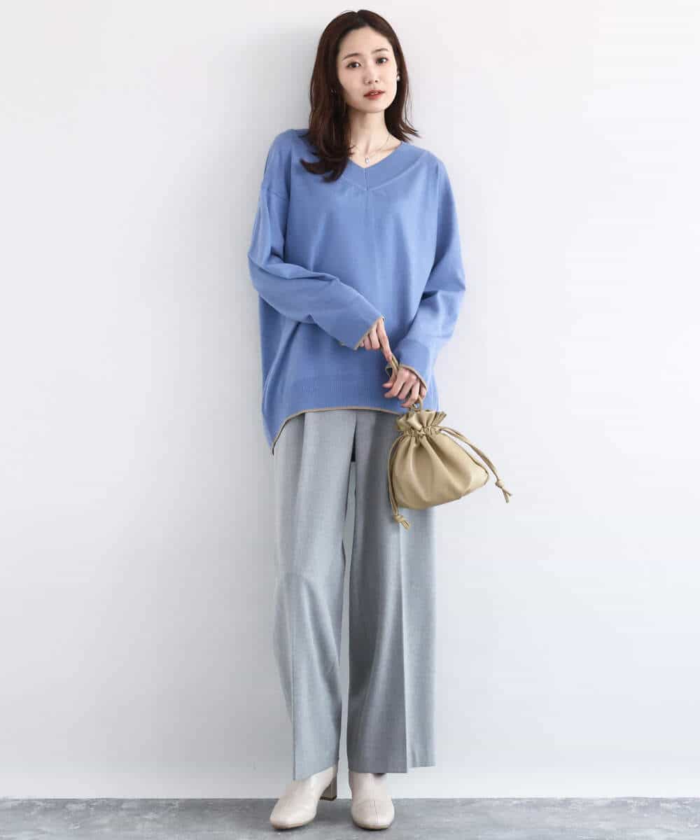 FKFDD60140 MK MICHEL KLEIN(MK ミッシェルクラン) 配色ラインVネックニット/洗える ブルー