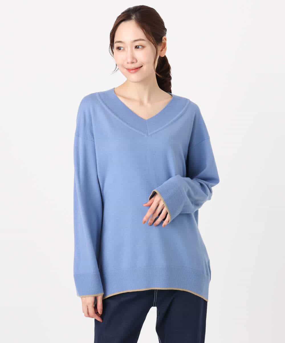 FKFDD60140 MK MICHEL KLEIN(MK ミッシェルクラン) 配色ラインVネックニット/洗える ブルー