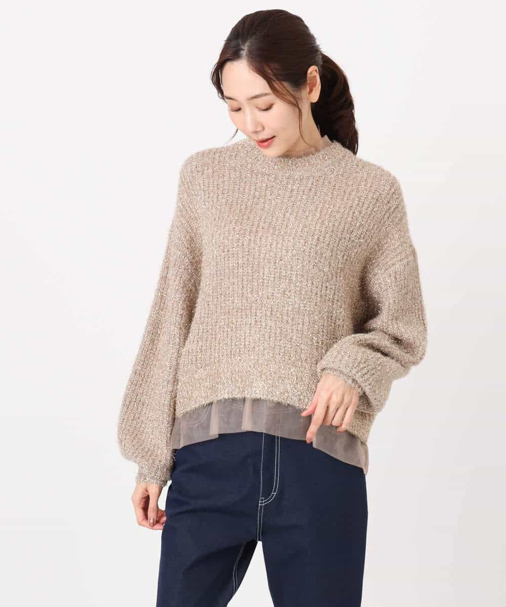 FKFDD61180 MK MICHEL KLEIN(MK ミッシェルクラン) ミニフリルデザインキラキラニット/洗える モカ