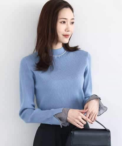 FKFDD64130 MK MICHEL KLEIN 千鳥格子柄シフォンレイヤード風ハイゲージニット/洗える