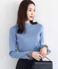 FKFDD64130 MK MICHEL KLEIN(MK ミッシェルクラン) 千鳥格子柄シフォンレイヤード風ハイゲージニット/洗える ブルー