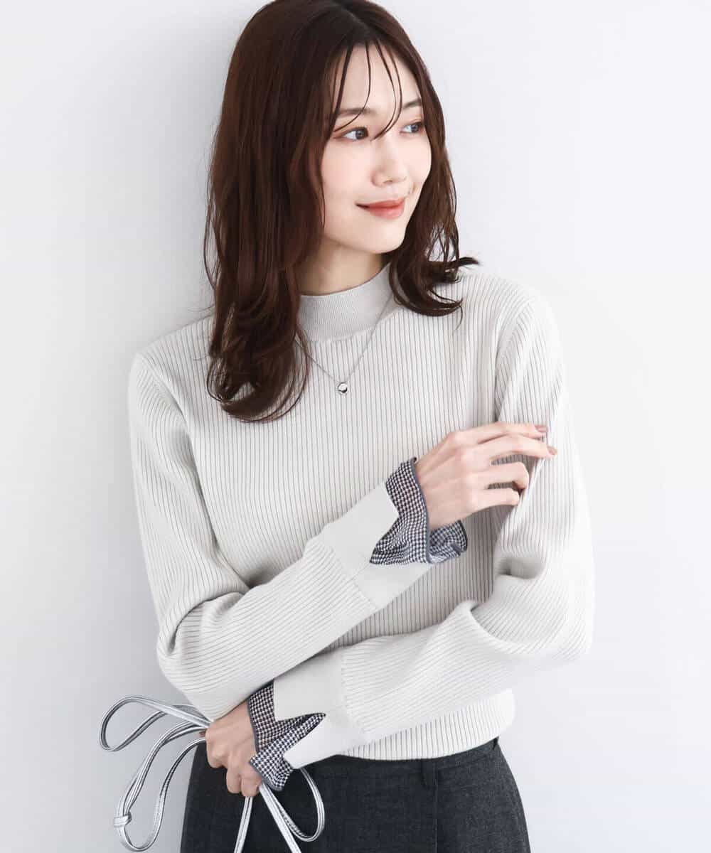 FKFDD64130 MK MICHEL KLEIN(MK ミッシェルクラン) 千鳥格子柄シフォンレイヤード風ハイゲージニット/洗える ブルー