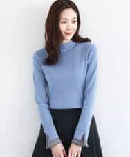 FKFDD64130 MK MICHEL KLEIN(MK ミッシェルクラン) 千鳥格子柄シフォンレイヤード風ハイゲージニット/洗える ブルー