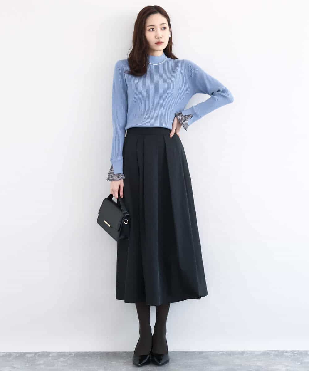 FKFDD64130 MK MICHEL KLEIN(MK ミッシェルクラン) 千鳥格子柄シフォンレイヤード風ハイゲージニット/洗える ブルー