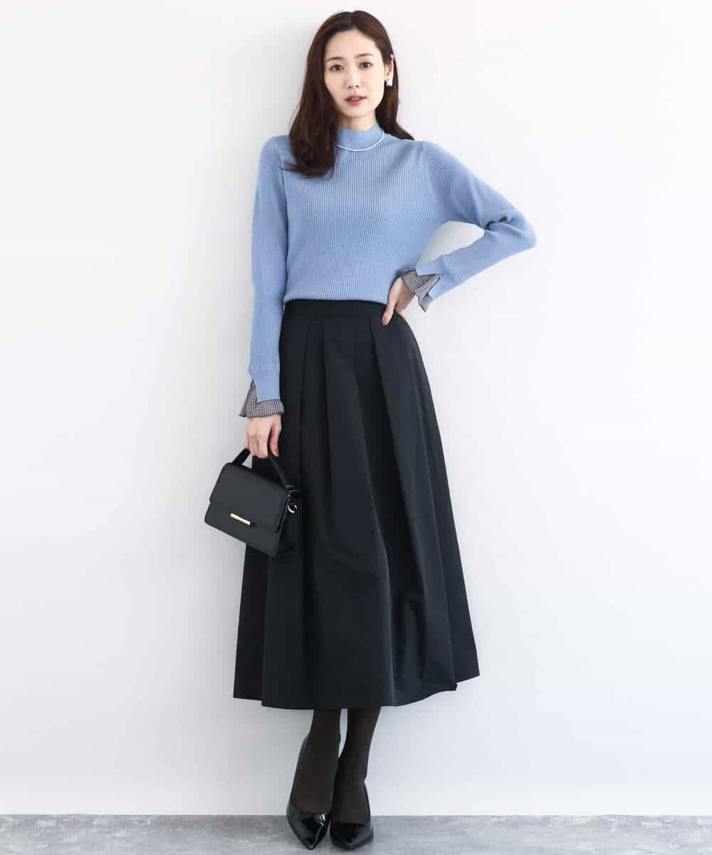 FKFDD64130 MK MICHEL KLEIN(MK ミッシェルクラン) 千鳥格子柄シフォンレイヤード風ハイゲージニット/洗える ブルー